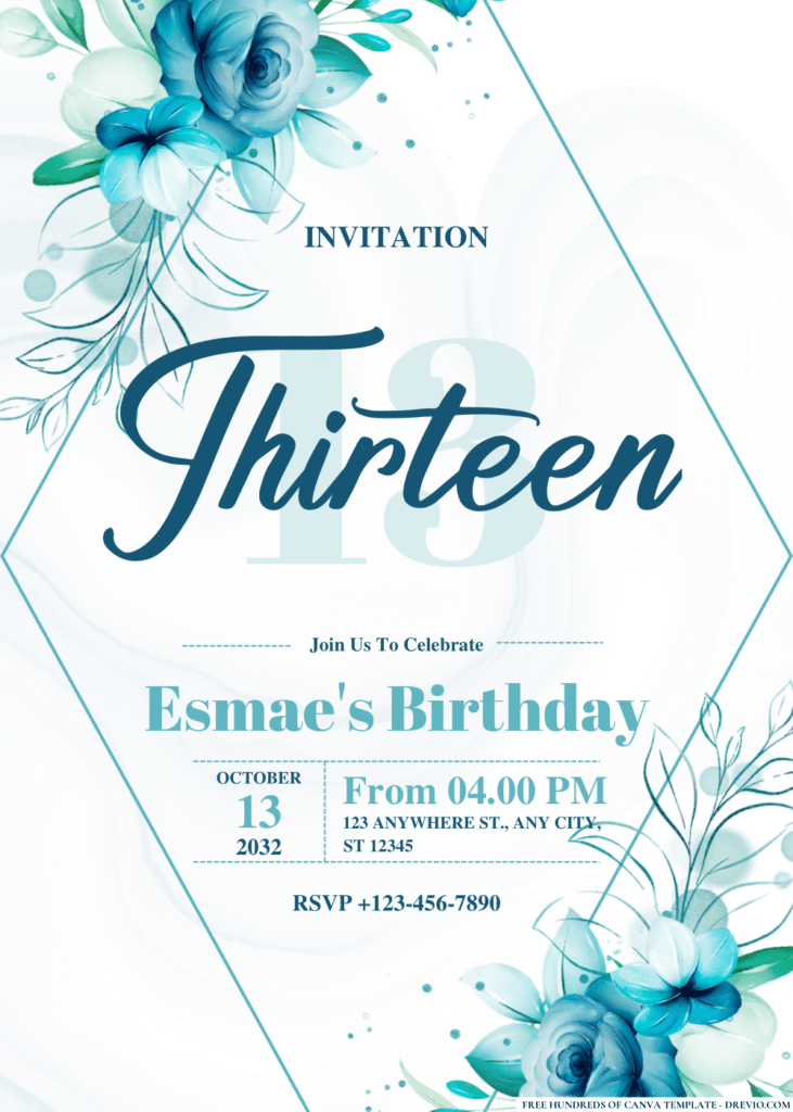 Blue Flowers Watercolor Floral Arrangement Birthday Invitations