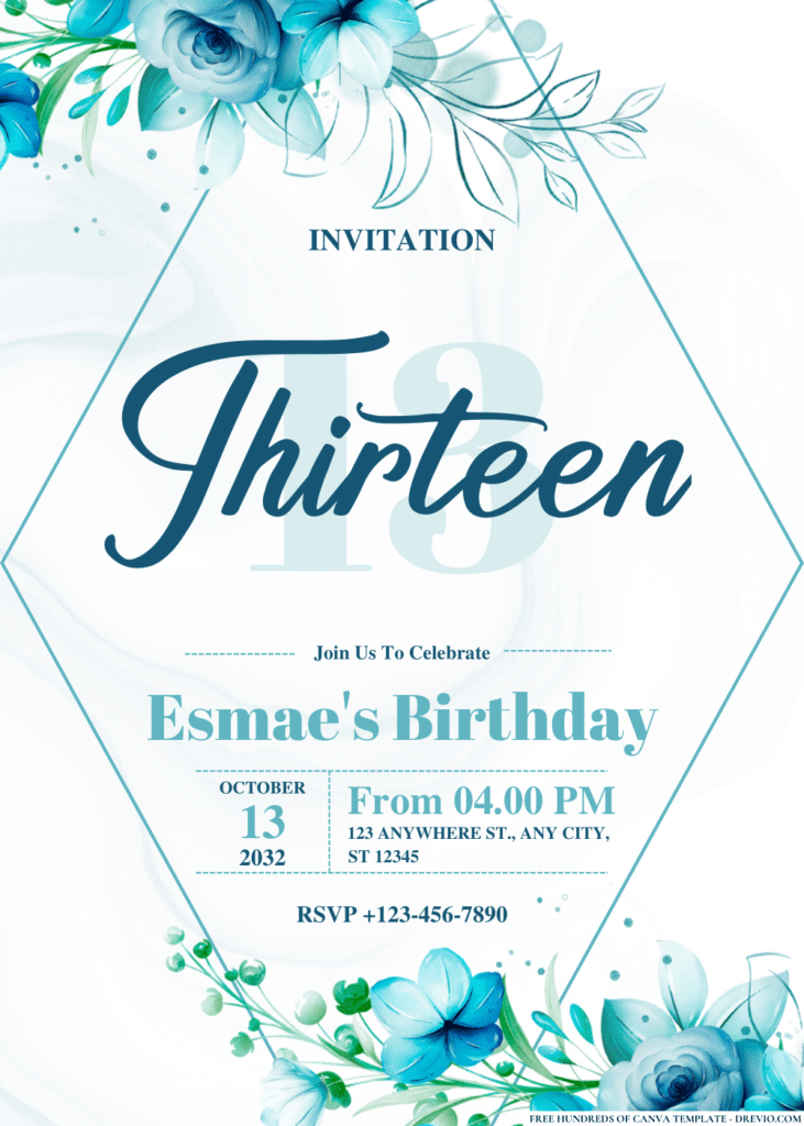 Blue Flowers Watercolor Floral Arrangement Birthday Invitations