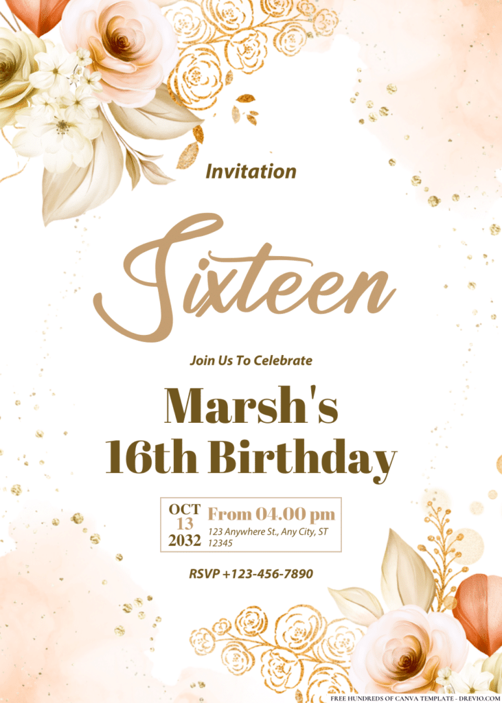 Golden Floral Arrangement Birthday Invitations