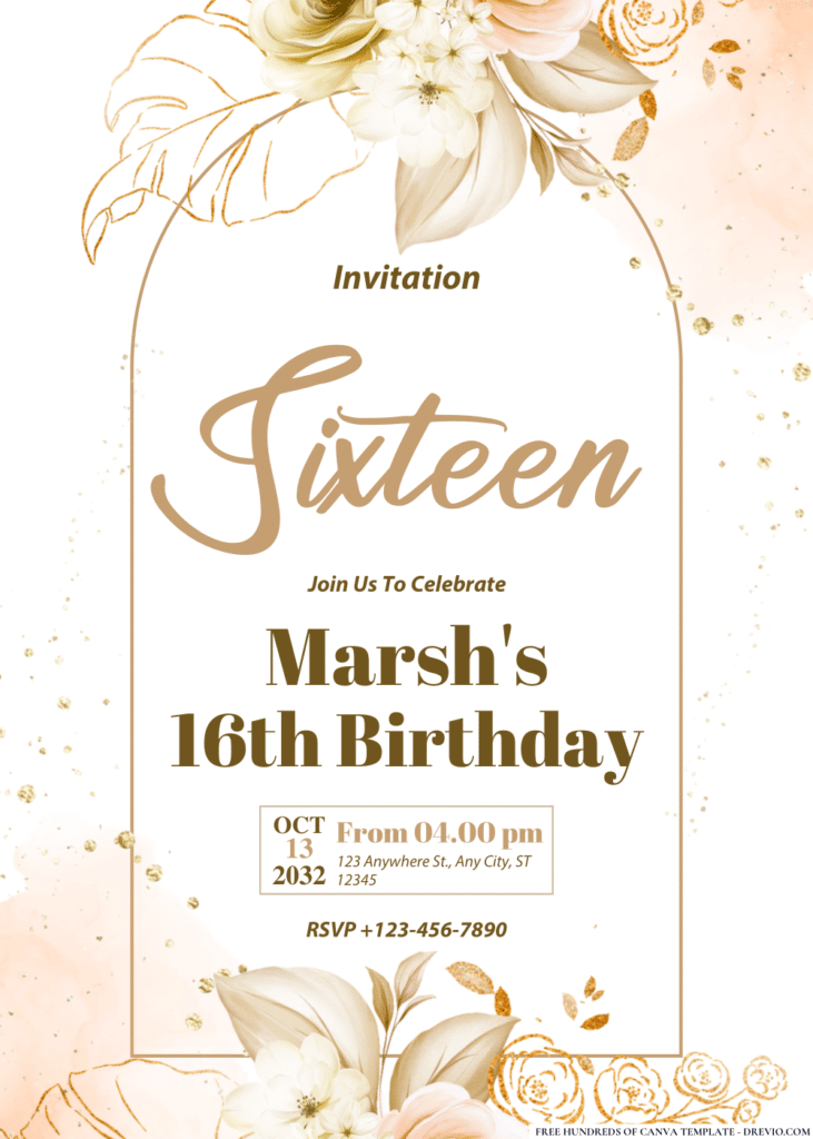 Golden Floral Arrangement Birthday Invitations