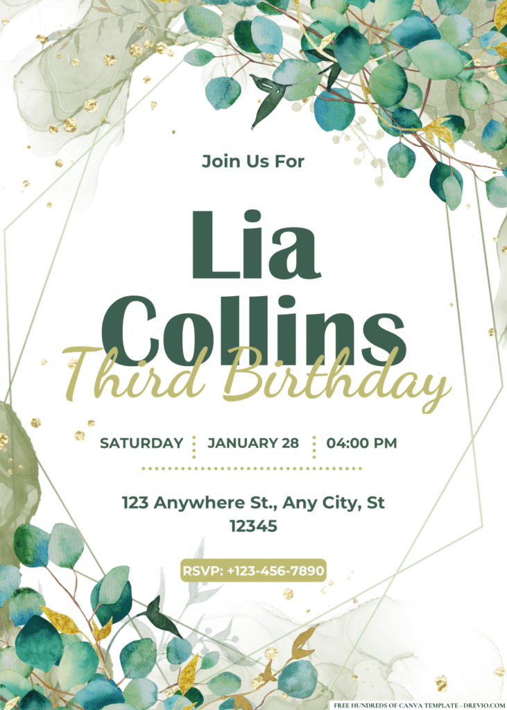 Green Eucalyptus Branch Watercolor Birthday Invitations