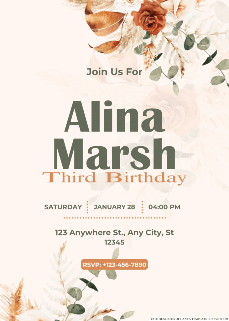 Pampas Brown Floral Birthday Invitations