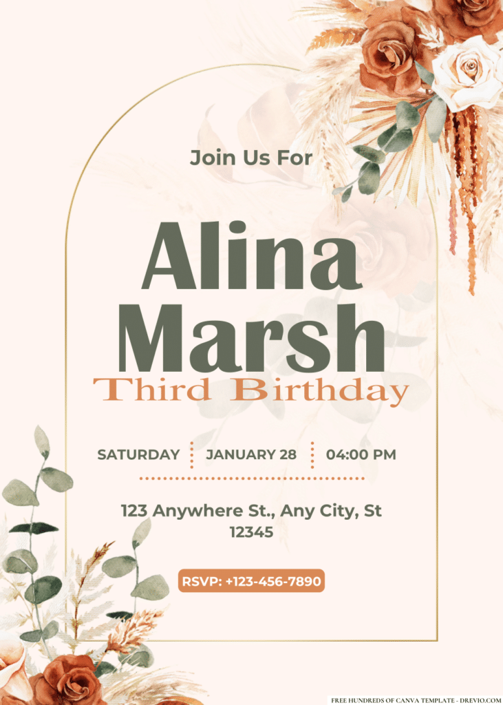 Pampas Brown Floral Birthday Invitations