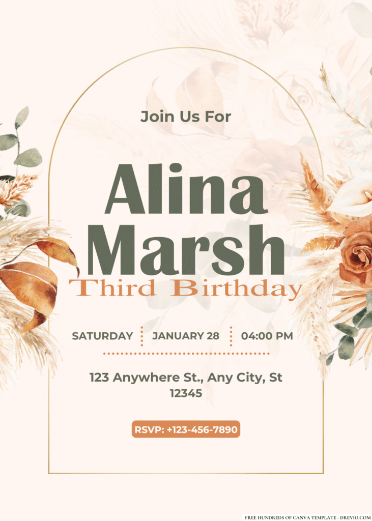 Pampas Brown Floral Birthday Invitations