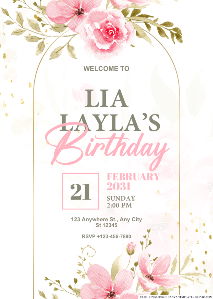 Pink Watercolor Flowers Illustration Birthday Invitations