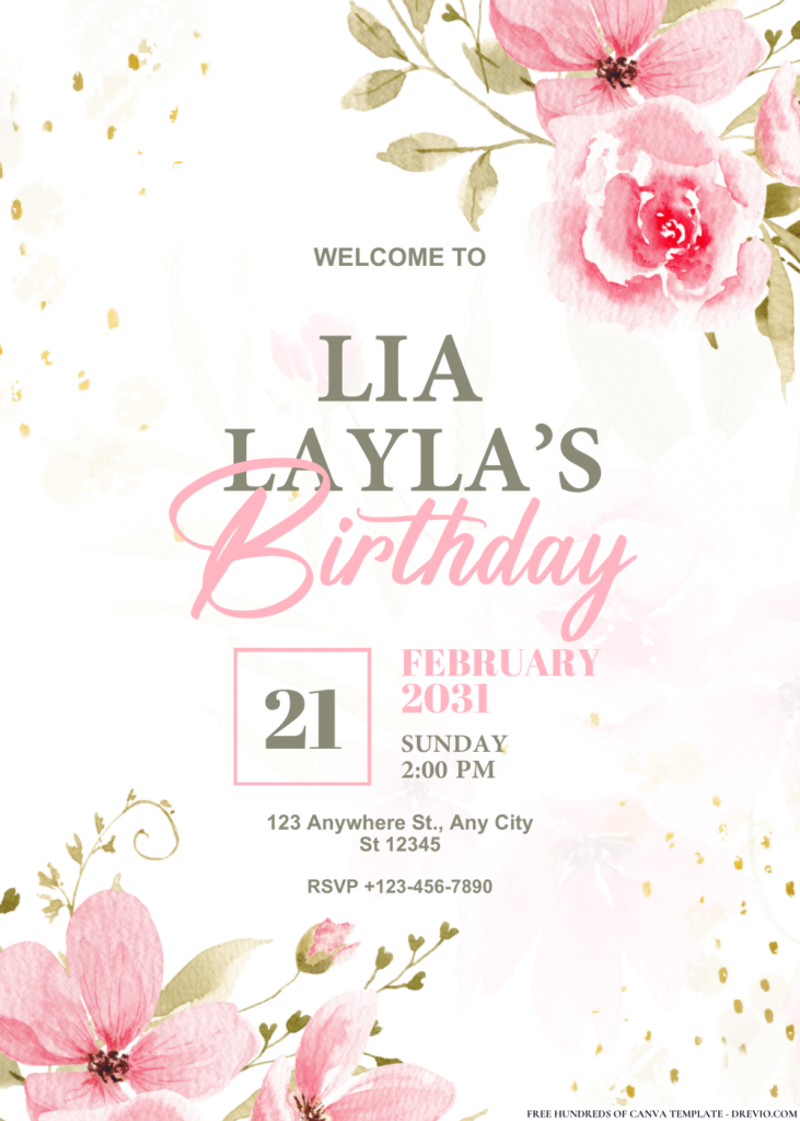 Pink Watercolor Flowers Illustration Birthday Invitations