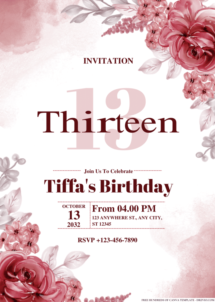 Red Maroon Watercolor Floral Birthday Invitations