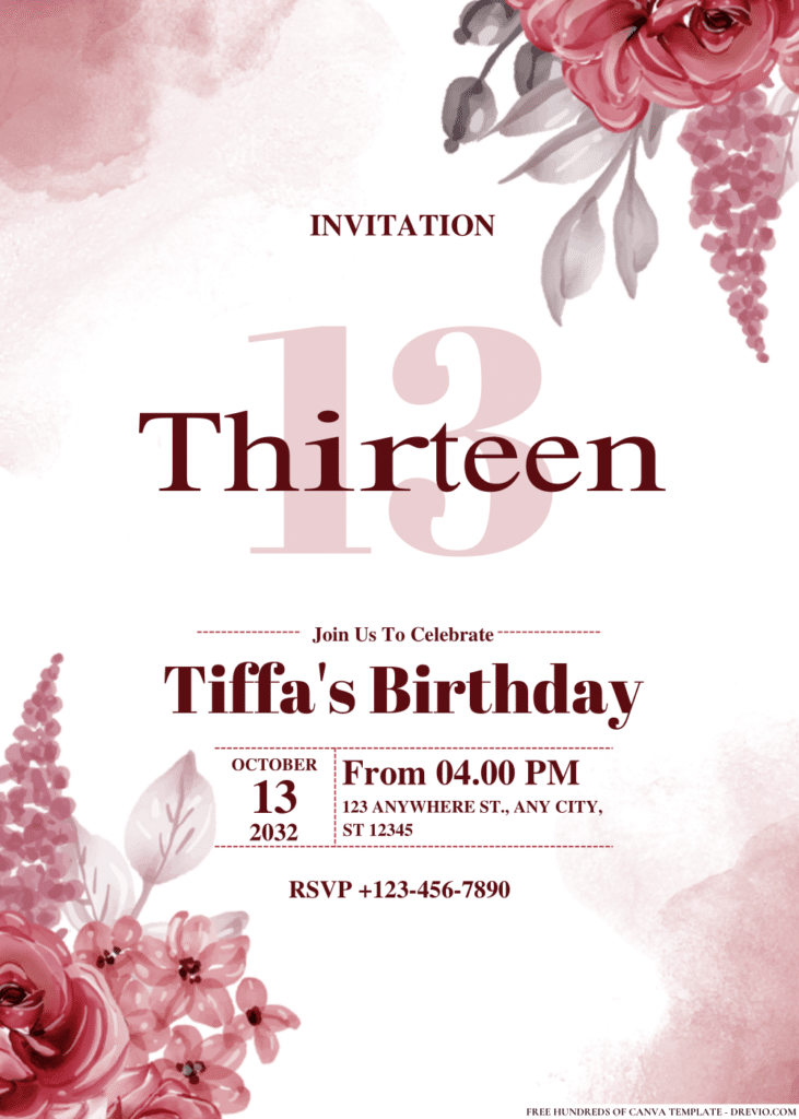 Red Maroon Watercolor Floral Birthday Invitations