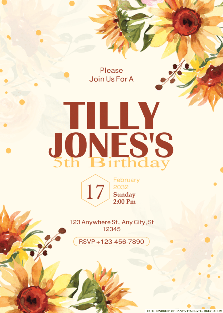 Sunflower Watercolor Floral Birthday Invitations