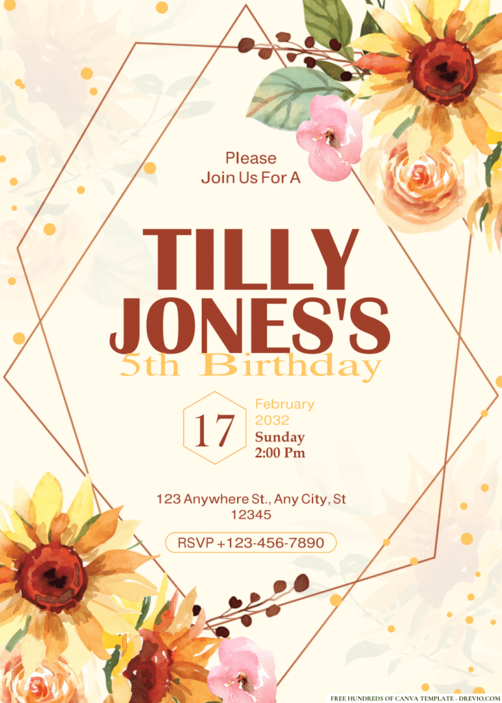 Sunflower Watercolor Floral Birthday Invitations