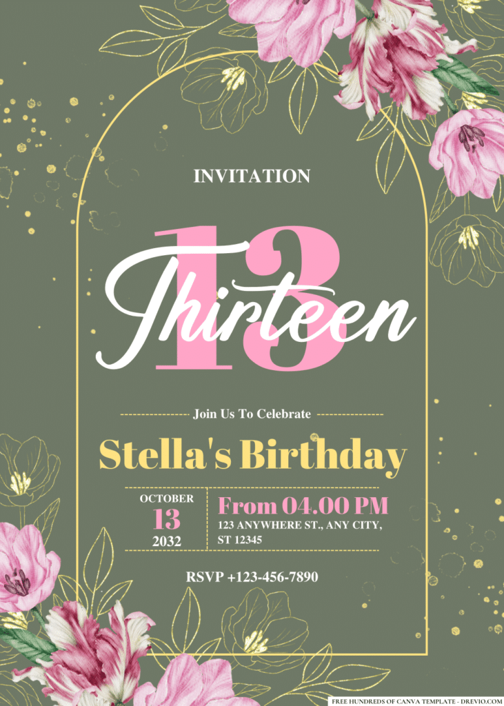 Watercolor Floral Botanical Pink Tulip Birthday Invitations