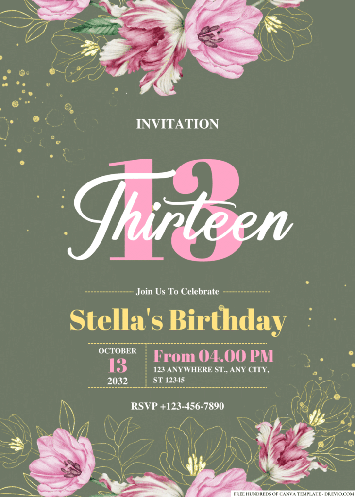 Watercolor Floral Botanical Pink Tulip Birthday Invitations