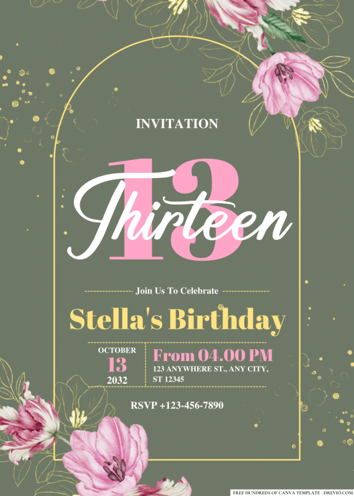 Watercolor Floral Botanical Pink Tulip Birthday Invitations