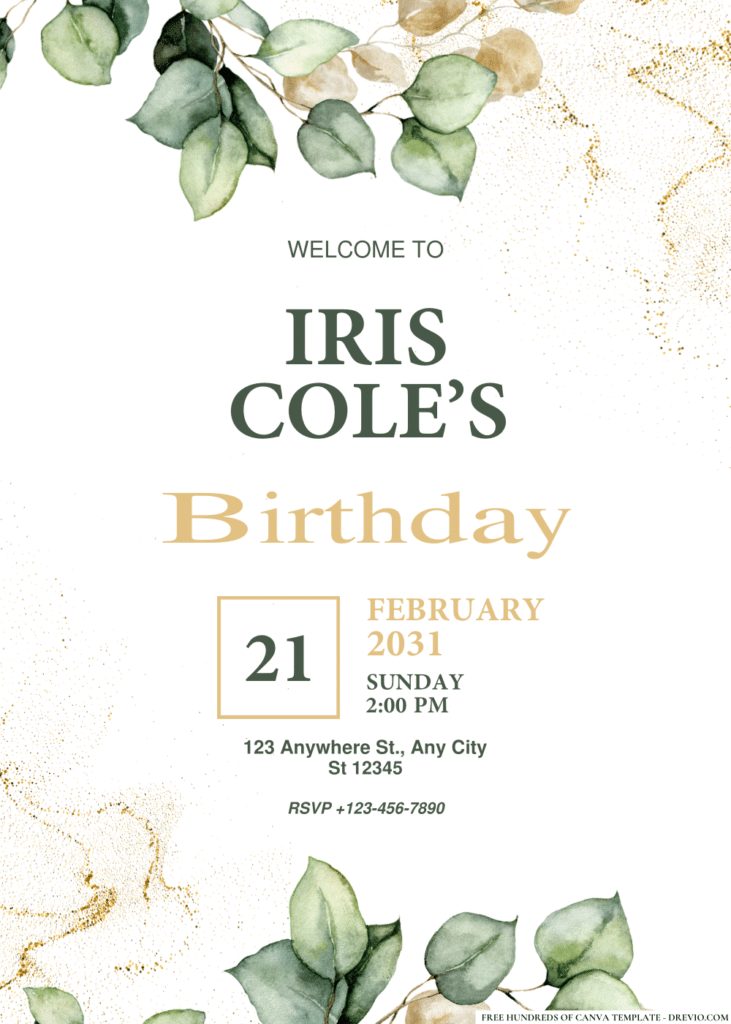 Gold and Green Eucalyptus Birthday Invitations