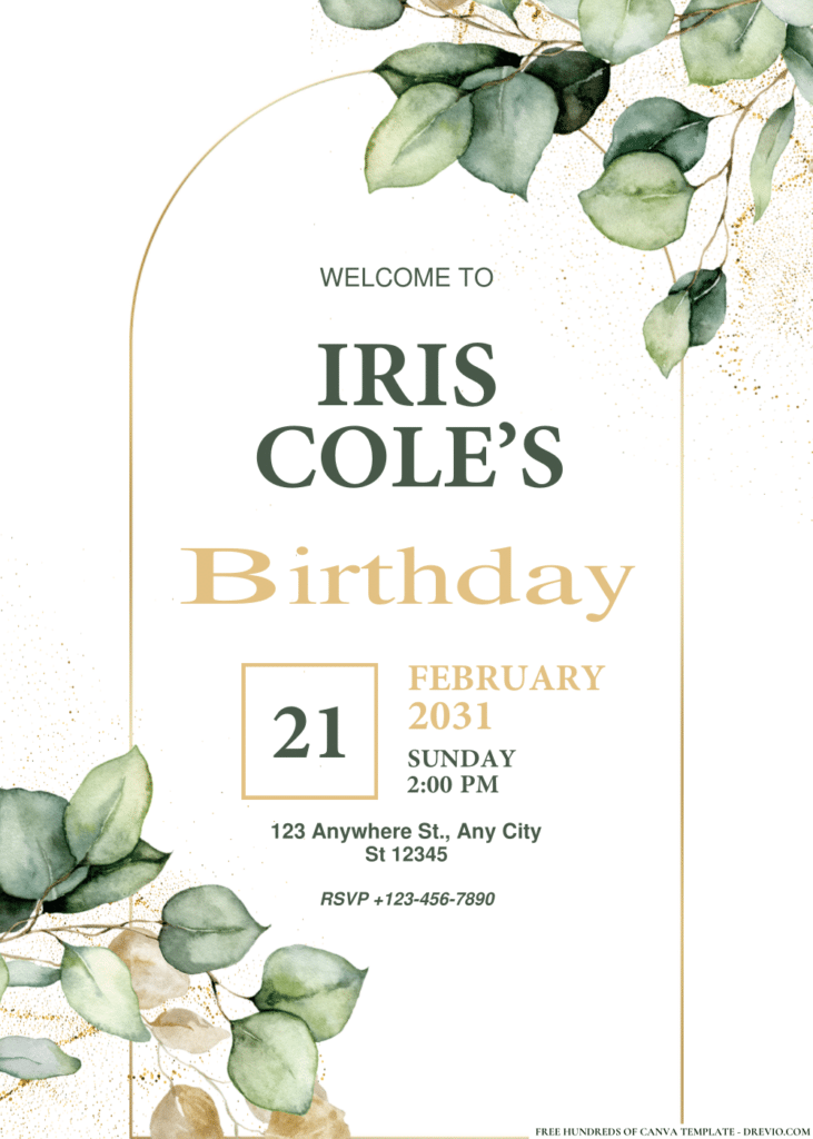 Gold and Green Eucalyptus Birthday Invitations