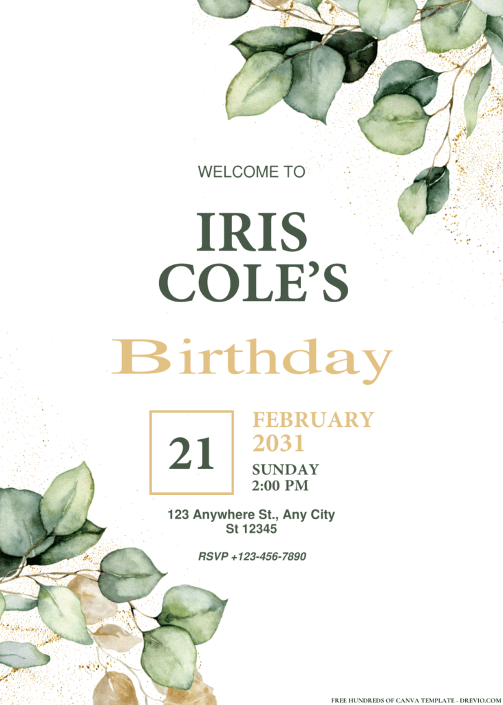 Gold and Green Eucalyptus Birthday Invitations