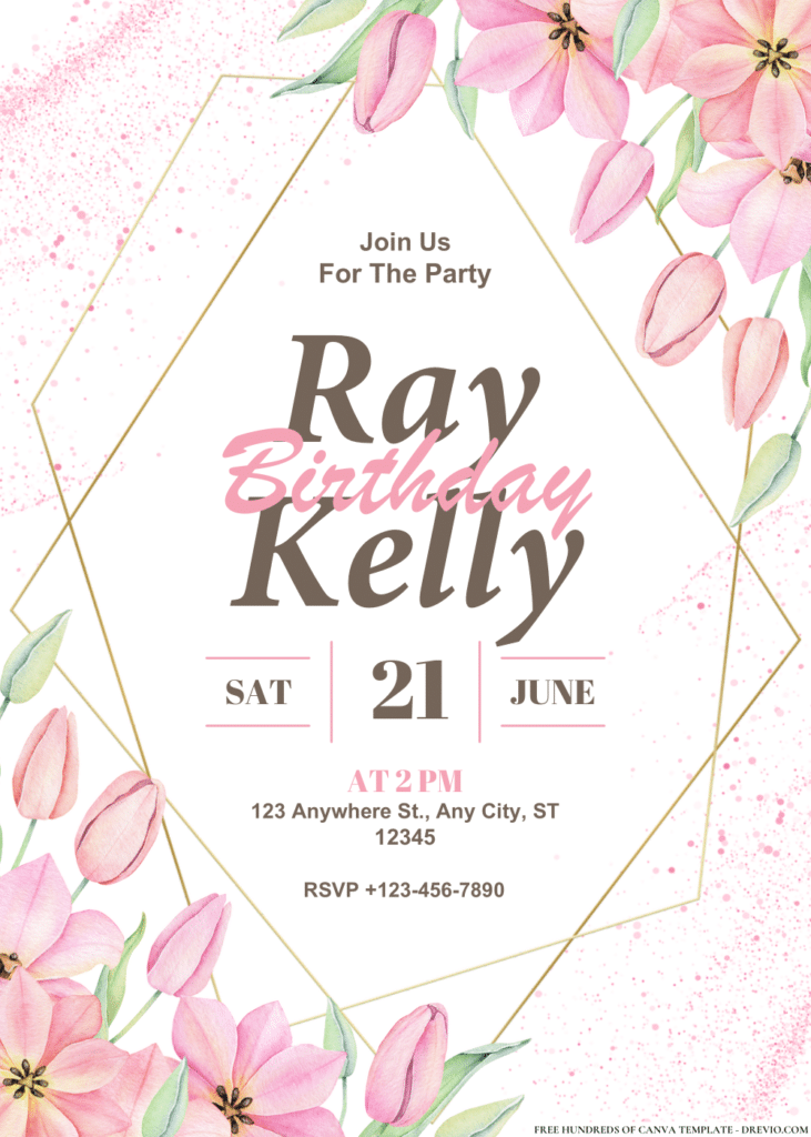 Watercolor Pink Tulip Floral Bouquet Birthday Invitations