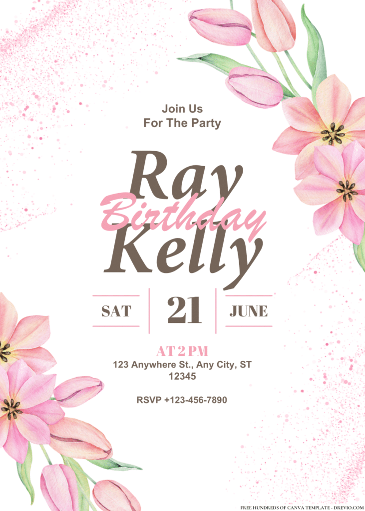 Watercolor Pink Tulip Floral Bouquet Birthday Invitations