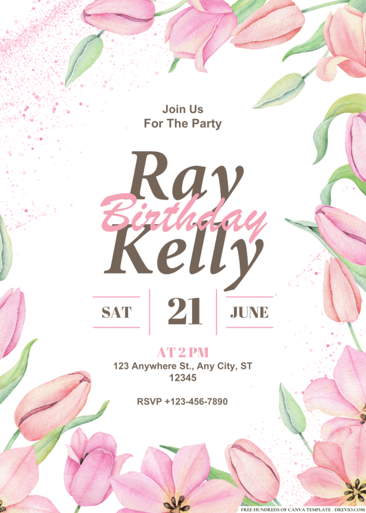 Watercolor Pink Tulip Floral Bouquet Birthday Invitations