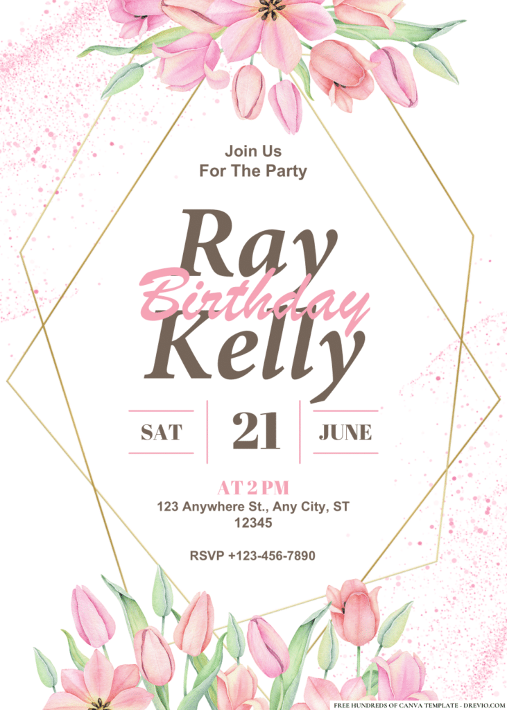 Watercolor Pink Tulip Floral Bouquet Birthday Invitations