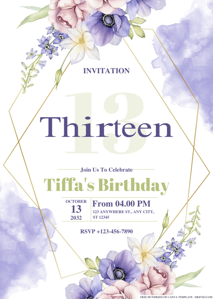 Watercolor Purple Floral Birthday Invitations