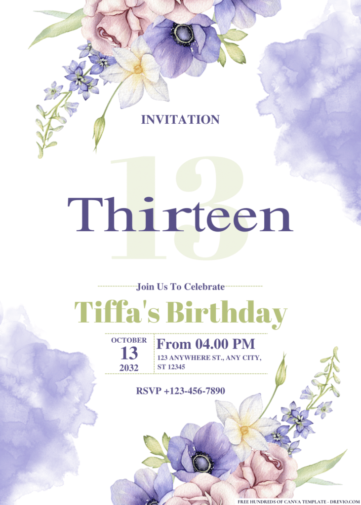 Watercolor Purple Floral Birthday Invitations