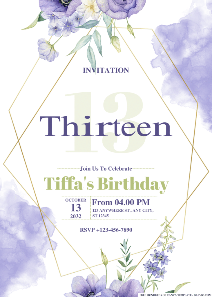 Watercolor Purple Floral Birthday Invitations