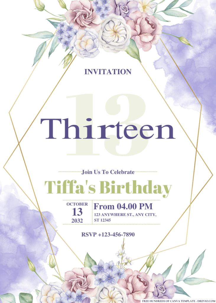 Watercolor Purple Floral Birthday Invitations