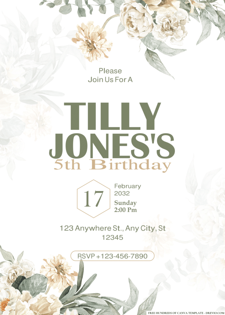 White Flowers & Leaves Birthday Invitations