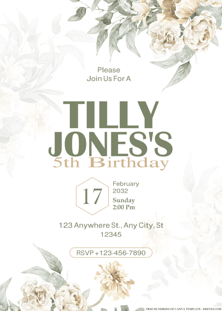 White Flowers & Leaves Birthday Invitations