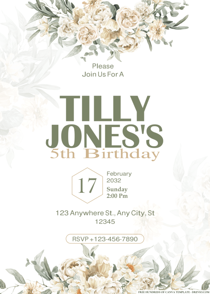 White Flowers & Leaves Birthday Invitations