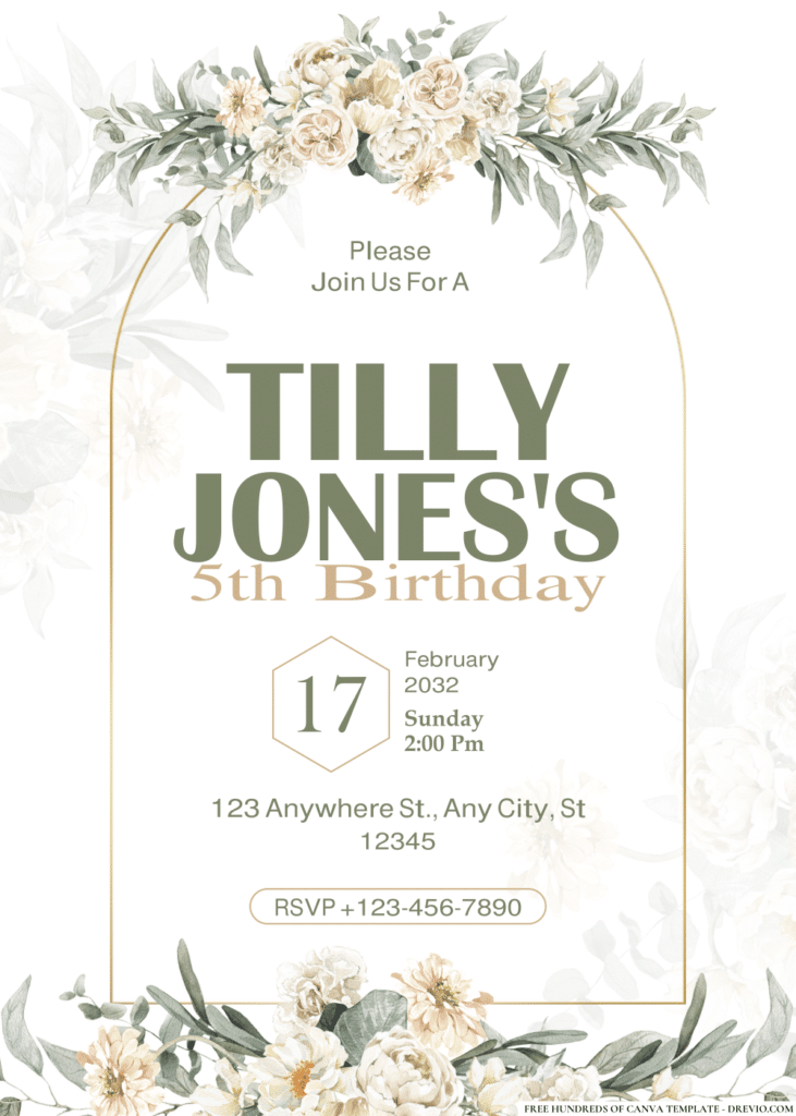 White Flowers & Leaves Birthday Invitations