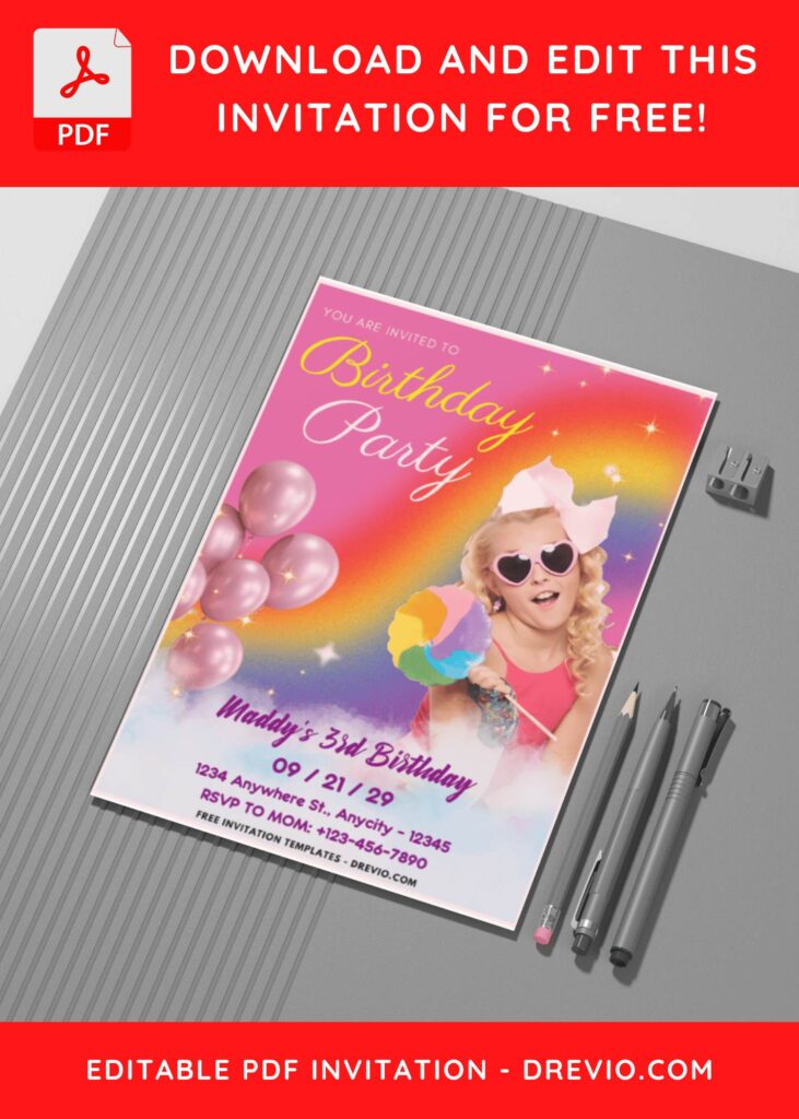 (Easily Edit PDF Invitation) Rainbow Jojo Siwa Birthday Invitation C