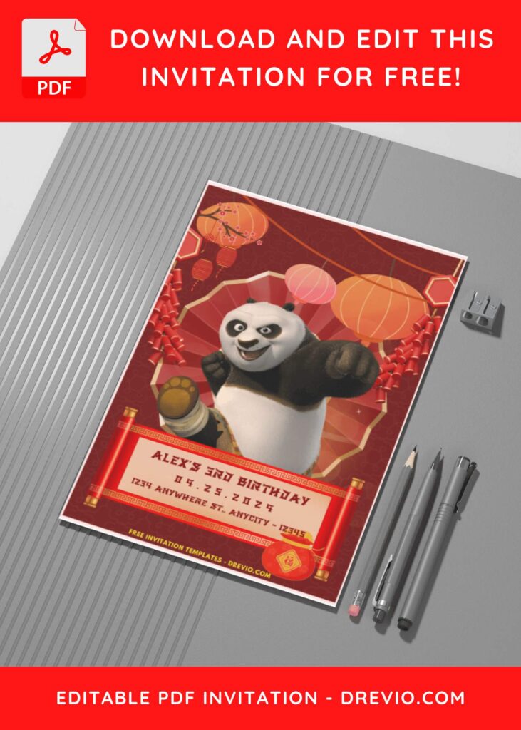 (Easily Edit PDF Invitation) Playful Kung Fu Panda 4 Birthday Invitation G