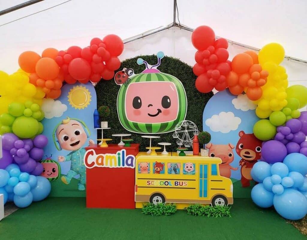 Cocomelon Birthday Party Decor with Colorful Balloon Arch, Cocomelon TV Banner and School Bus Cutout