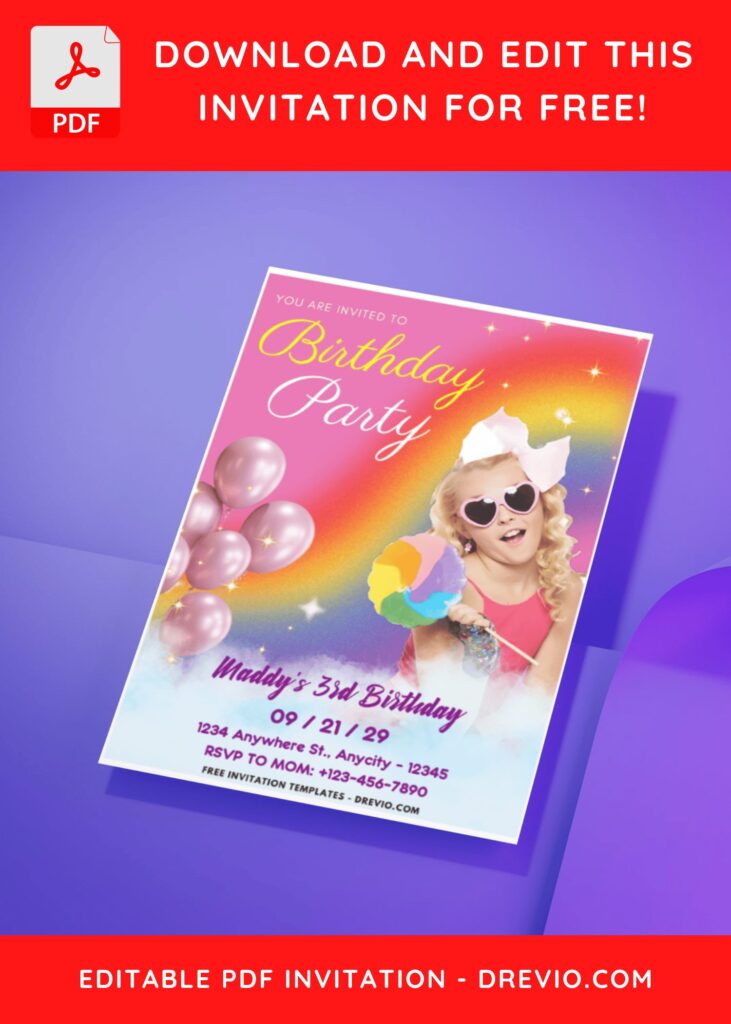 (Easily Edit PDF Invitation) Rainbow Jojo Siwa Birthday Invitation D