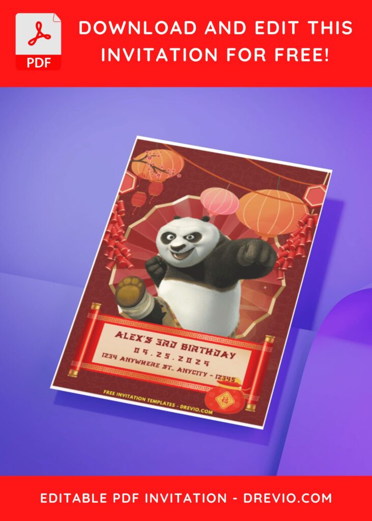 (Easily Edit PDF Invitation) Playful Kung Fu Panda 4 Birthday Invitation H