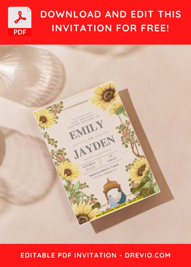 (Easily Edit PDF Invitation) Beautiful Sunflower Wedding Invitation F