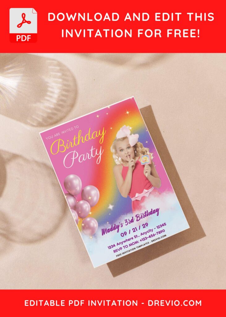(Easily Edit PDF Invitation) Rainbow Jojo Siwa Birthday Invitation F