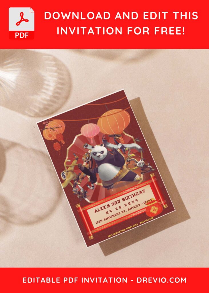 (Easily Edit PDF Invitation) Playful Kung Fu Panda 4 Birthday Invitation J