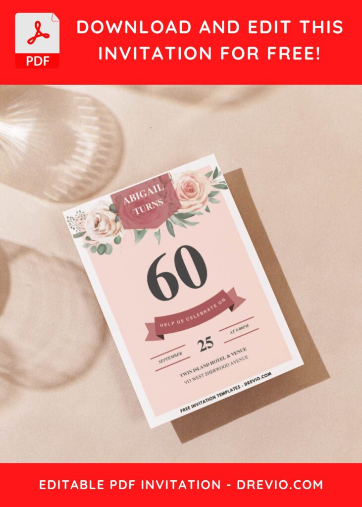 (Easily Edit PDF Invitation) Festive Floral 60th Birthday Invitation F