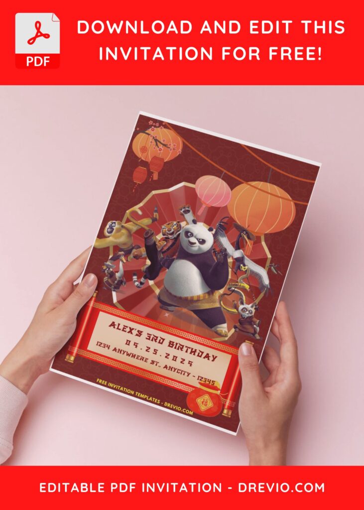 (Easily Edit PDF Invitation) Playful Kung Fu Panda 4 Birthday Invitation A