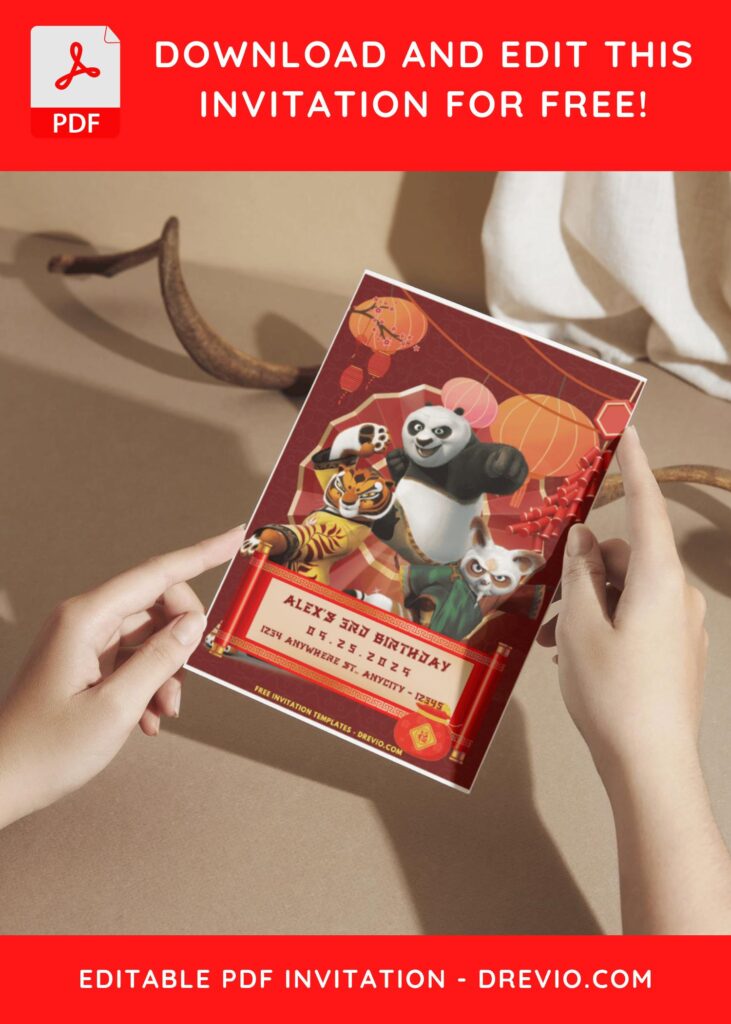 (Easily Edit PDF Invitation) Playful Kung Fu Panda 4 Birthday Invitation B