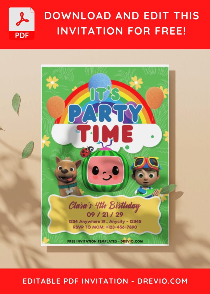 (Easily Edit PDF Invitation) Cocomelon Party Time Birthday Invitation C