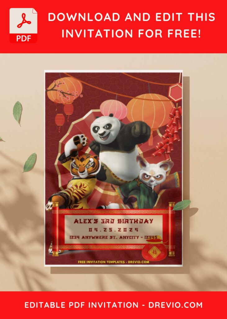 (Easily Edit PDF Invitation) Playful Kung Fu Panda 4 Birthday Invitation C