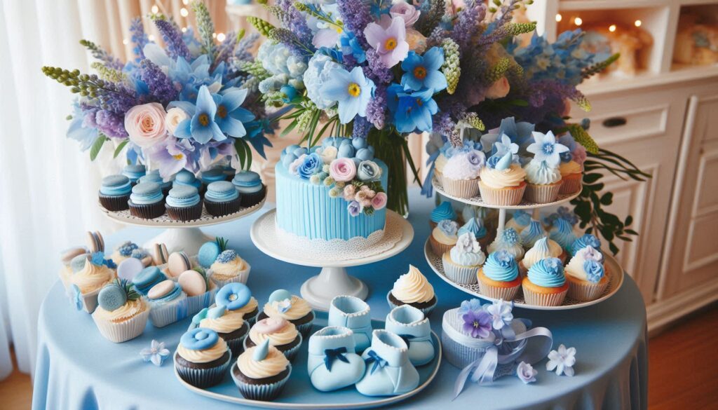 Heavily Packed Dessert table with Delphinium inspired color cupcakes, centerpiece and tablecloth