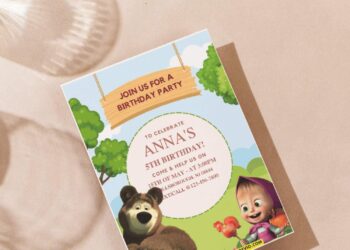 (Free PDF Invitation) Joyful Masha & Bear Birthday Invitation