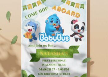 (Free PDF Invitation) Cute Watercolor BabyBus Birthday Invitation