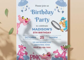 (Free PDF Invitation) Whimsy Pink Panther Birthday Invitation