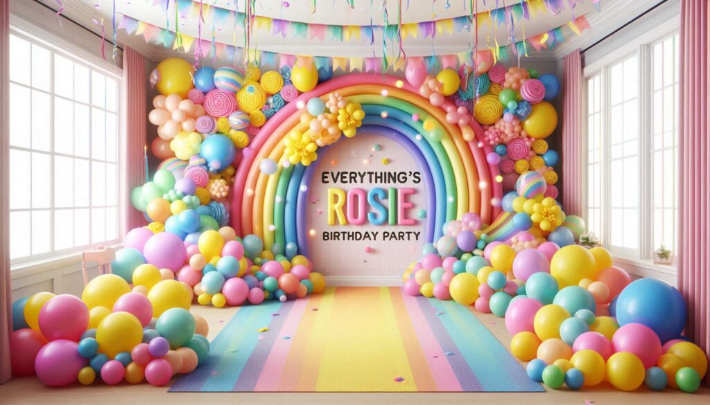 Everything's Rosie Birthday Party Decor with colorful rainbow balloon arch backdrop